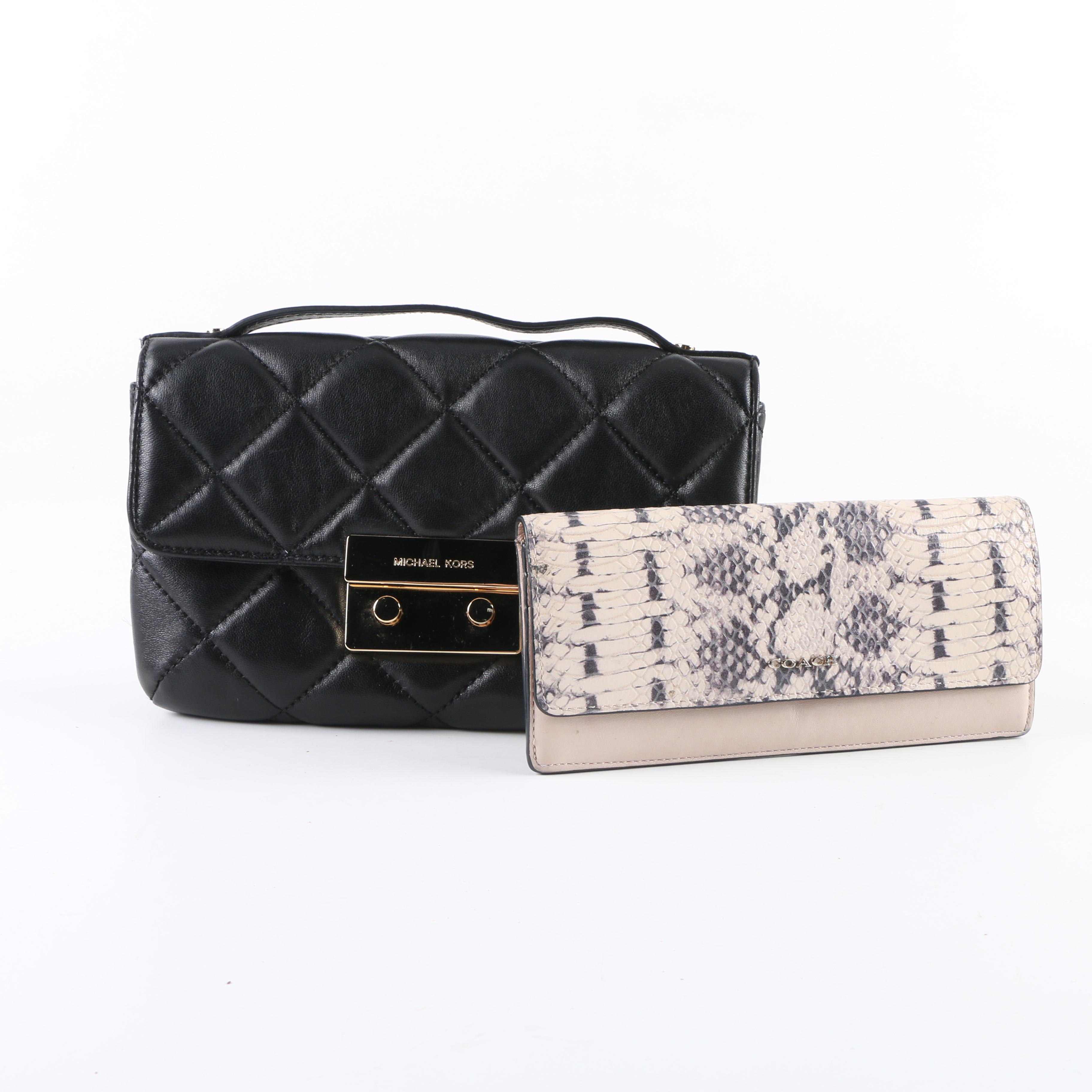 Michael Kors Quilted Black Leather Convertible Clutch with Coach Wallet