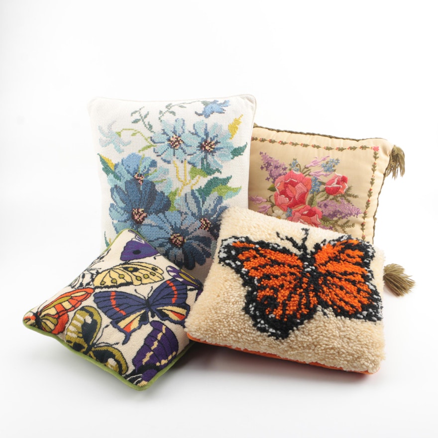 Needlepoint, Embroidered and Hooked Flower and Butterfly Themed Accent Pillows