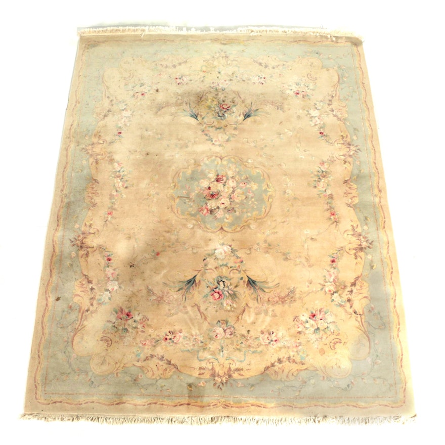Vintage Hand-Knotted Aubusson-Style Wool and Silk Accented Area Rug