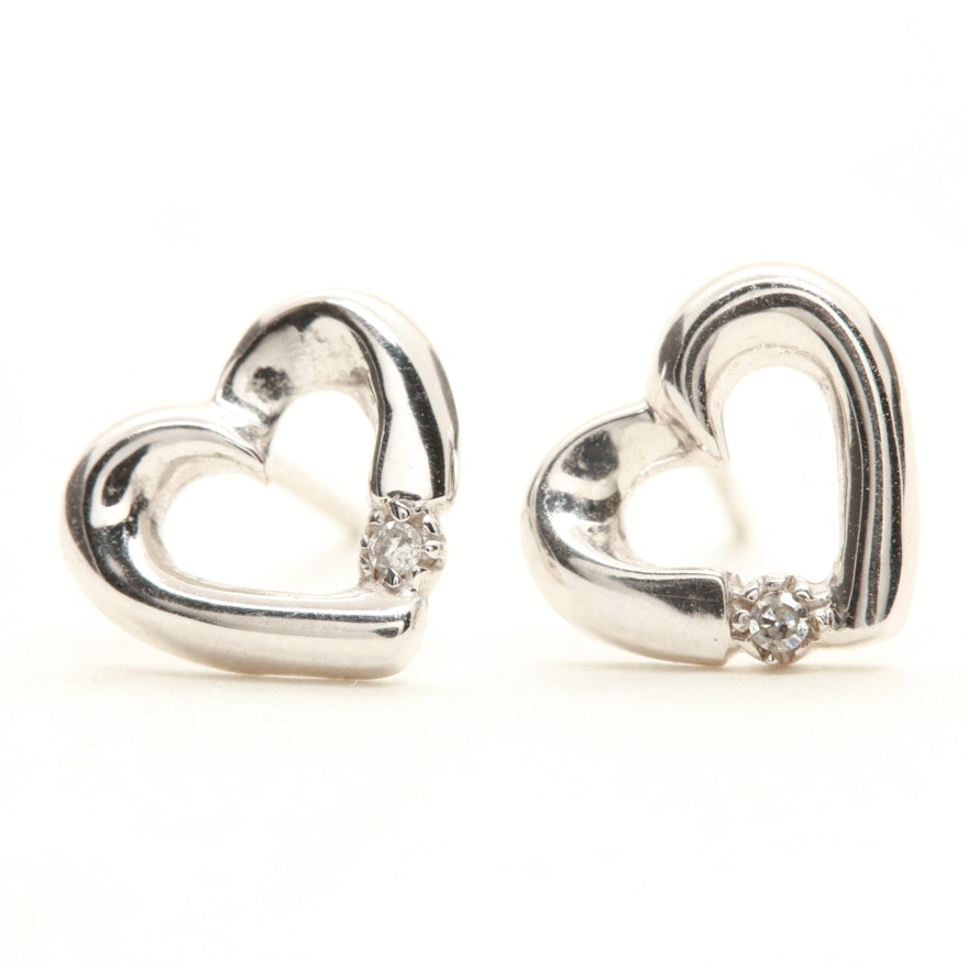 10K White Gold Diamond Heart Earrings With 14K White Gold Backs