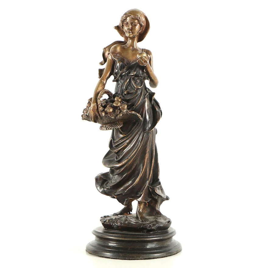 Brass Sculpture of Woman with Fruit