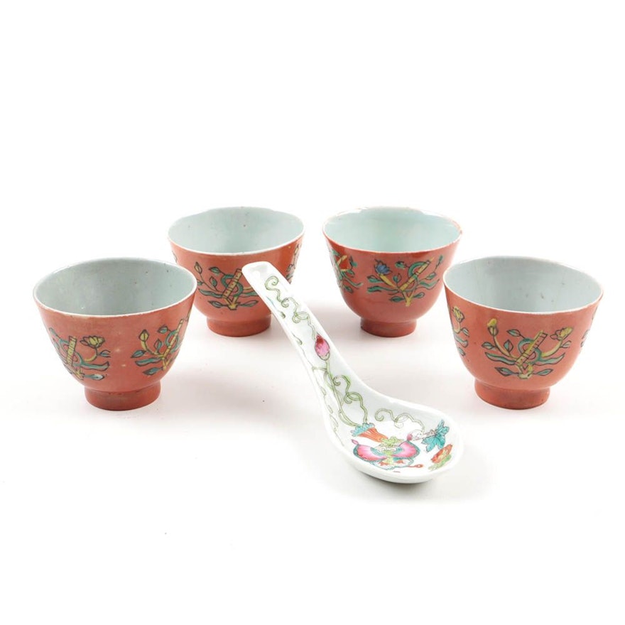 Four Chinese Qing Dynasty Porcelain Tea Cups and Spoon