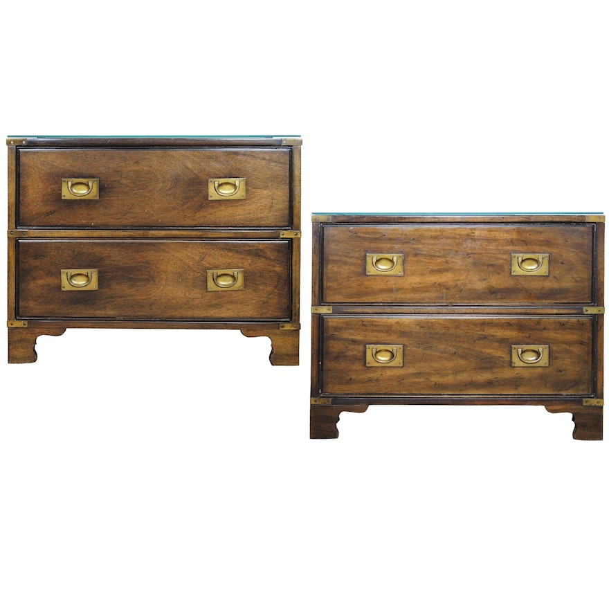 Drexel Heritage Walnut Campaign Style Bedside Table Set