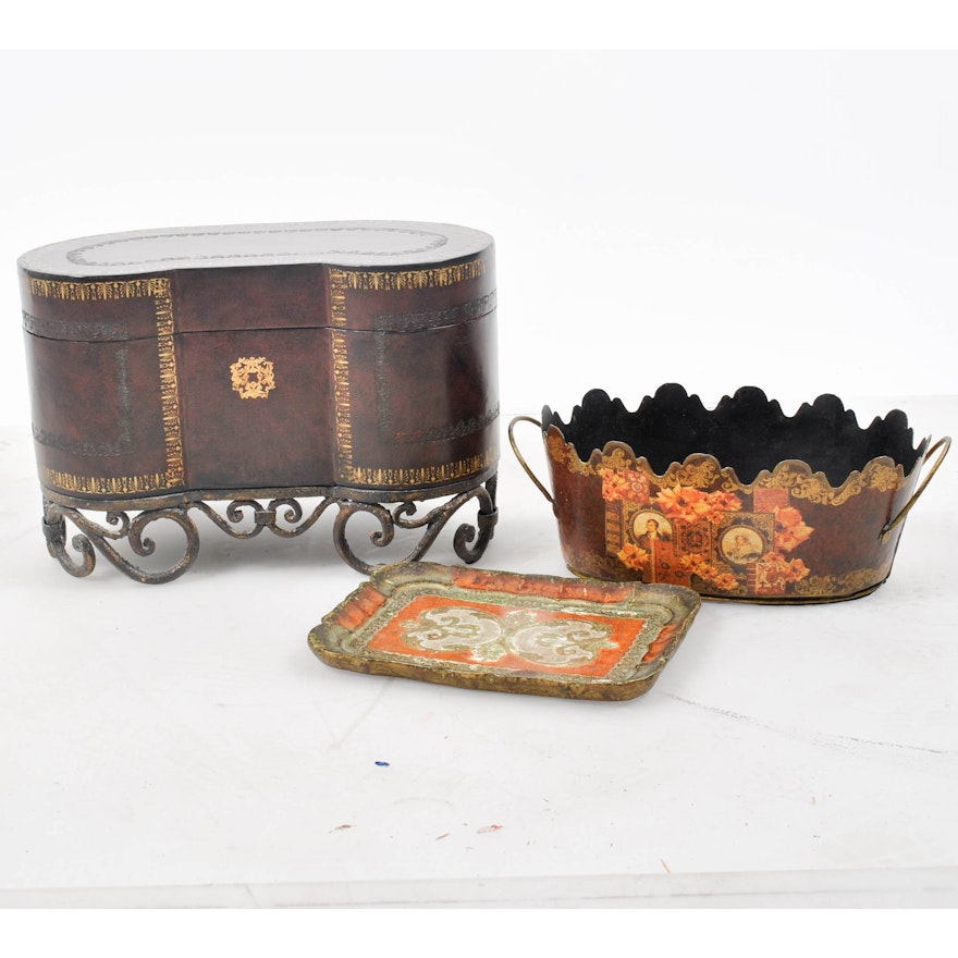 Metal Jardinière, Florentine Wooden Tray and Leather Covered Box