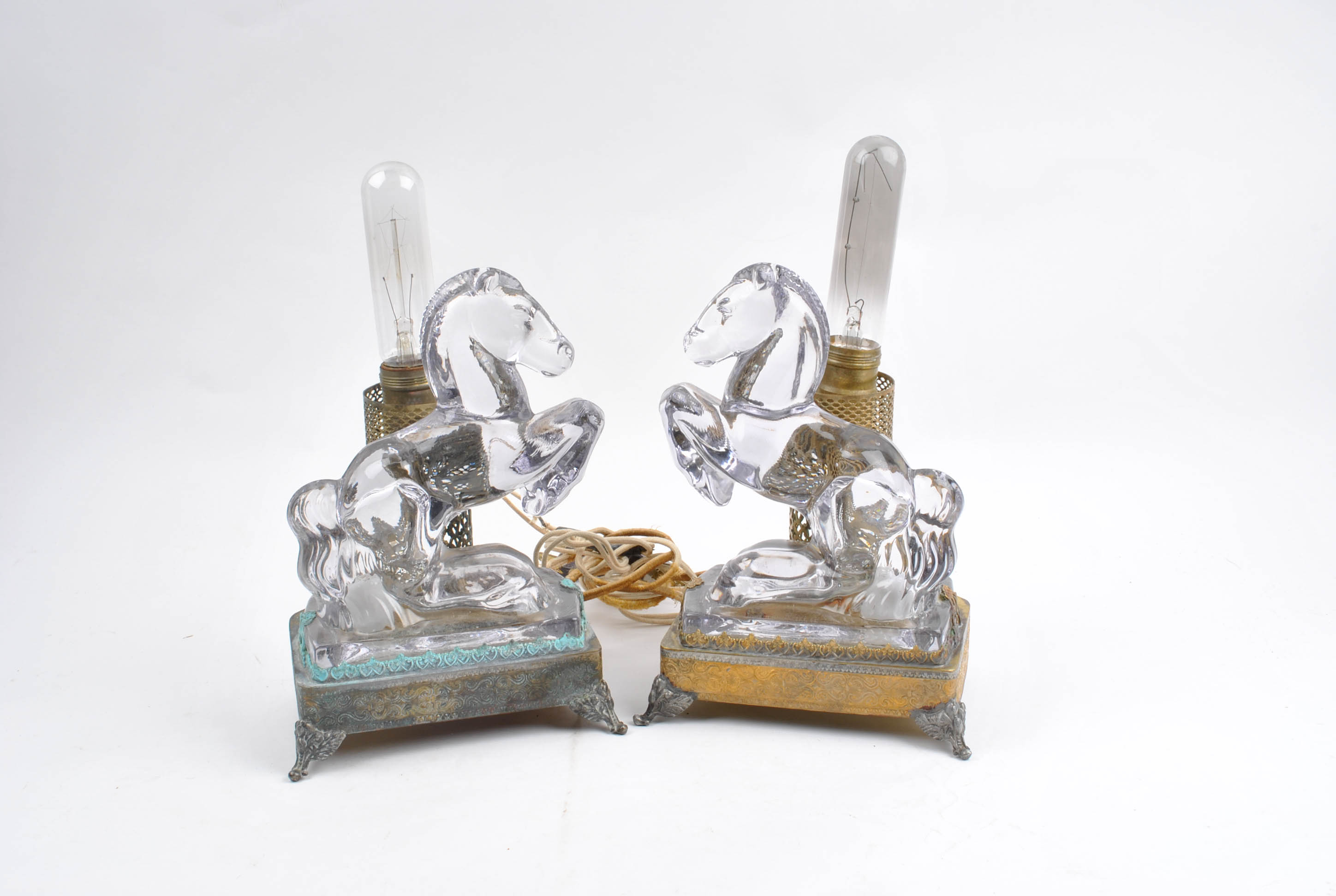 Vintage Glass and Metal Horse Lamps