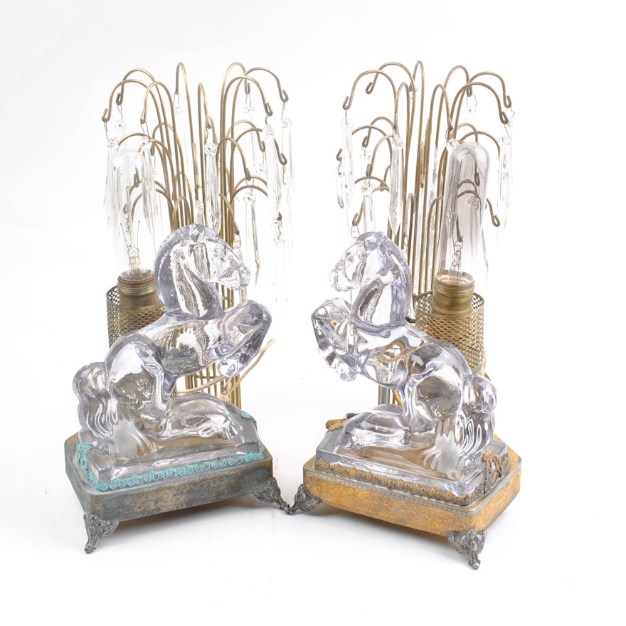 Vintage Glass and Metal Horse Lamps