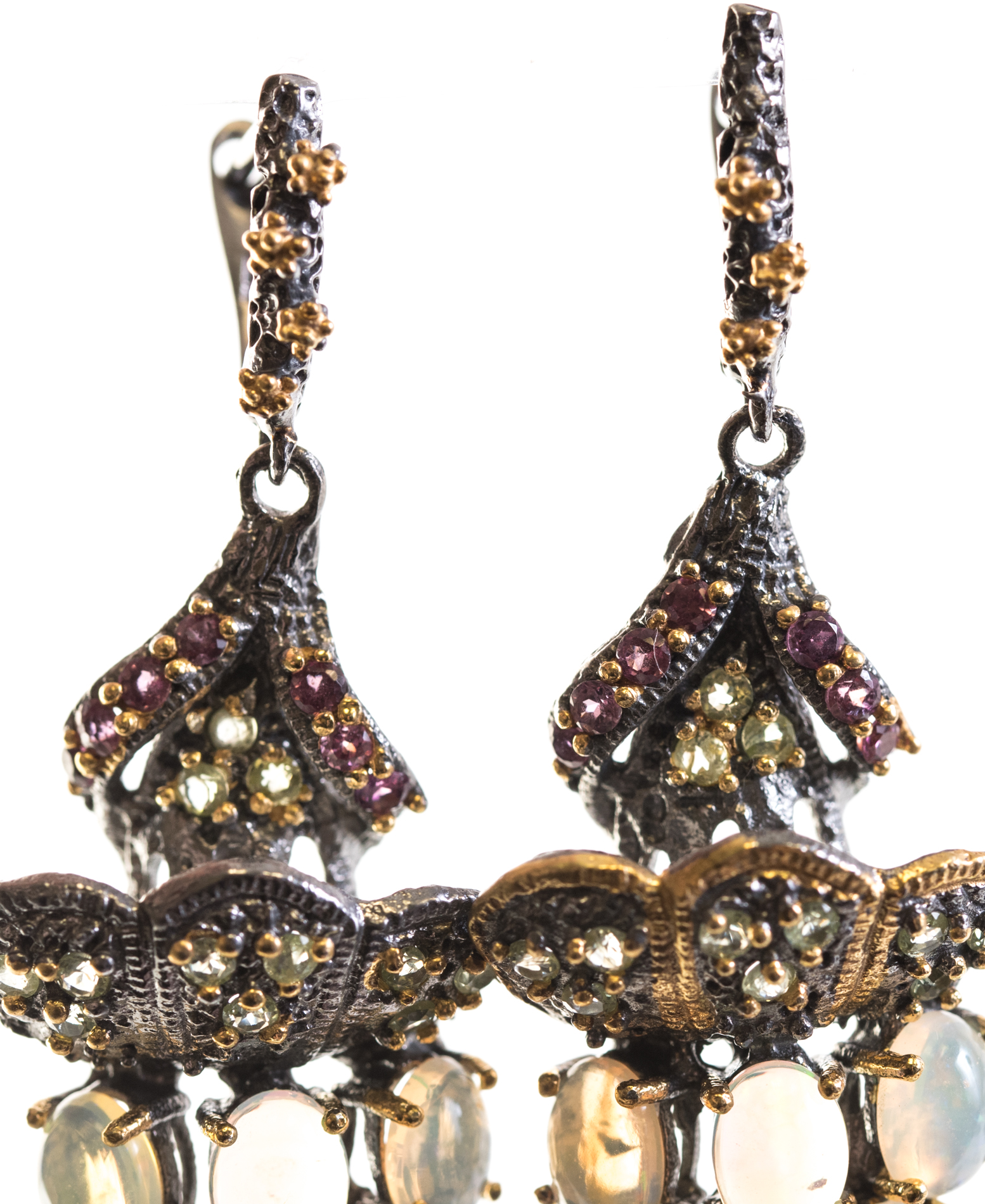 Oxidized Sterling Silver Opal, Garnet, Peridot Earrings