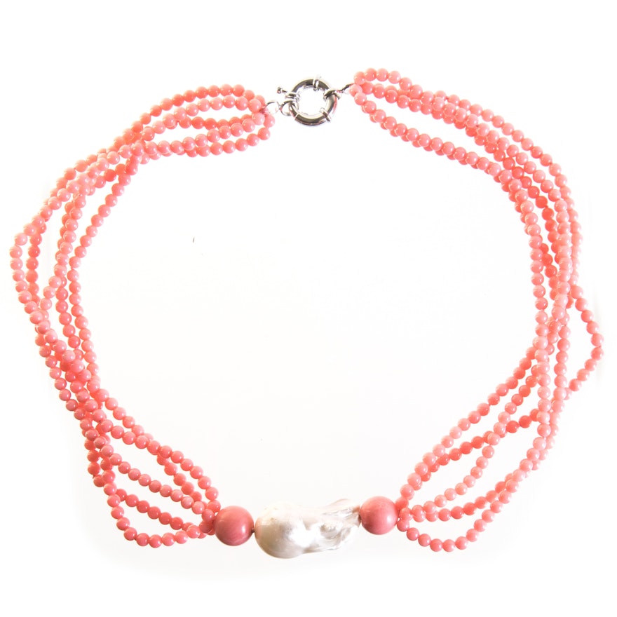 Silver Tone Coral and Freshwater Pearl Necklace