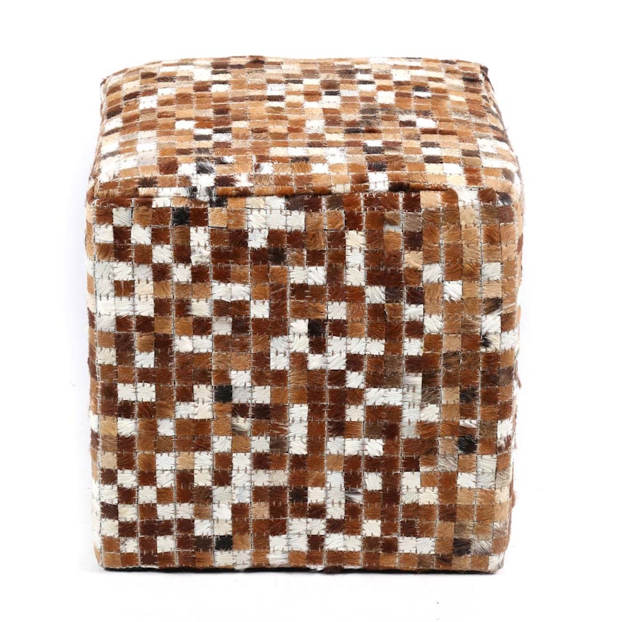 Contemporary Cowhide Cube Pouf