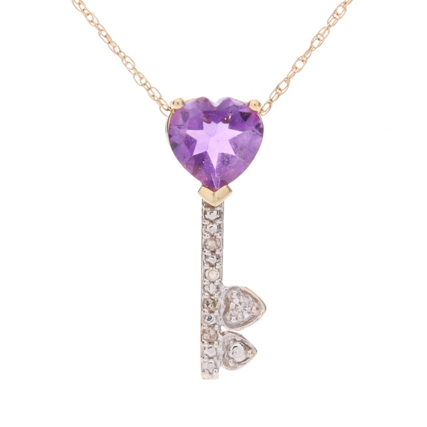 14K Yellow Gold Amethyst and Diamond Pendant Necklace with White Gold Accents