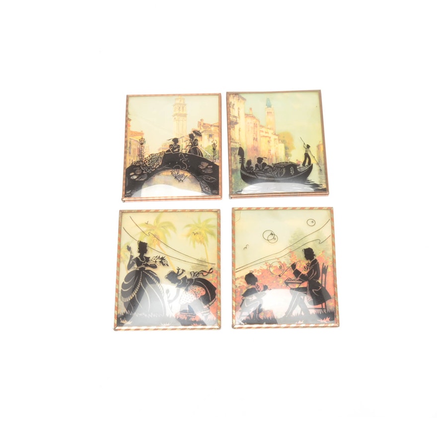 Collection of Vintage Small Offset Lithographs With Reverse Printed Glass