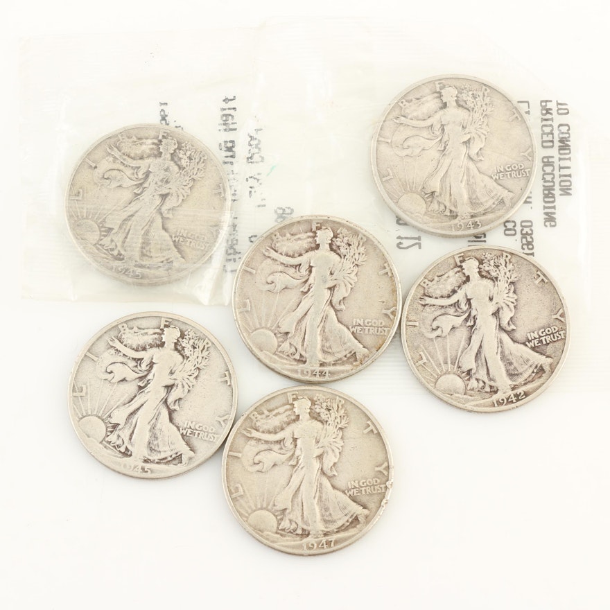 Group of Six Walking Liberty Silver Half Dollars