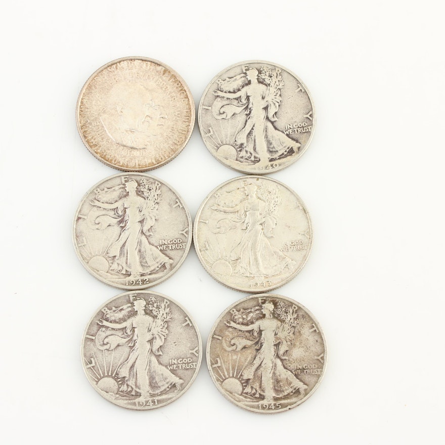 Group of Six U.S. Vintage Silver Half Dollars