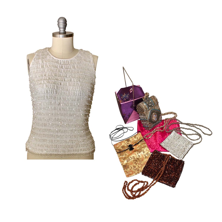 Embellished Silk Top, Handbags and Scarf