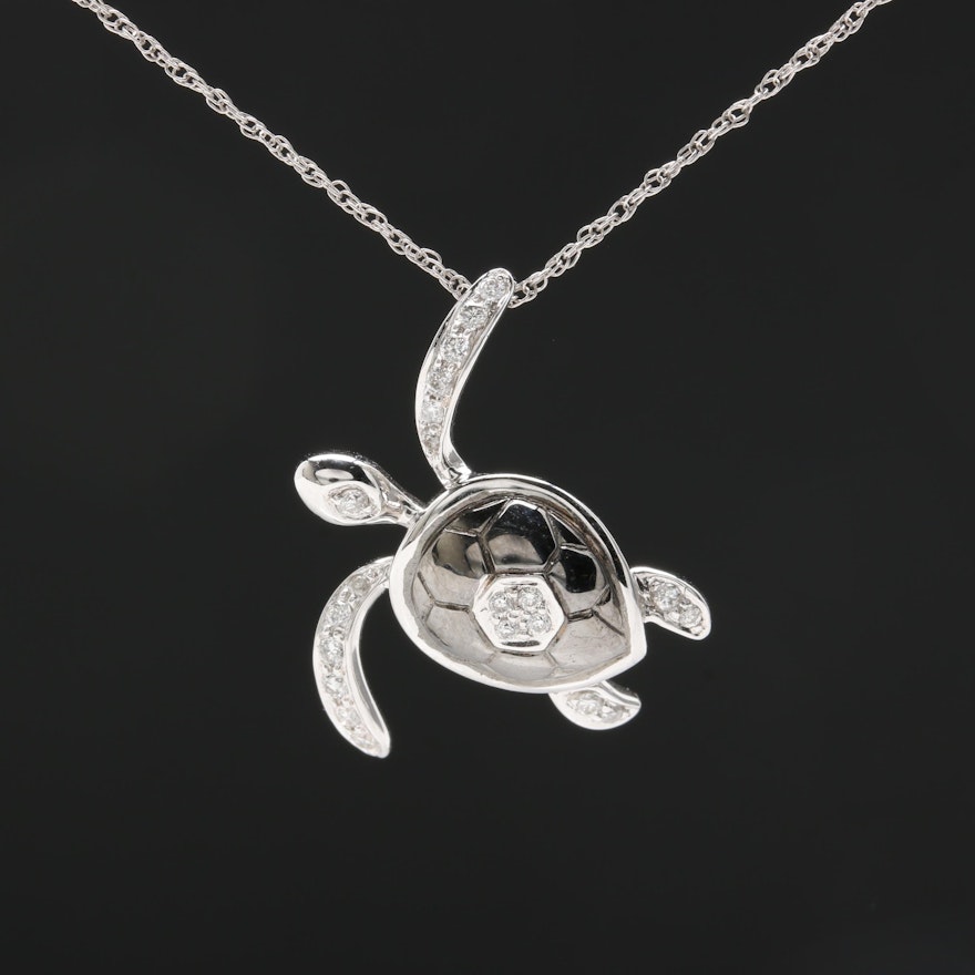 14K White Gold Diamond Turtle Necklace