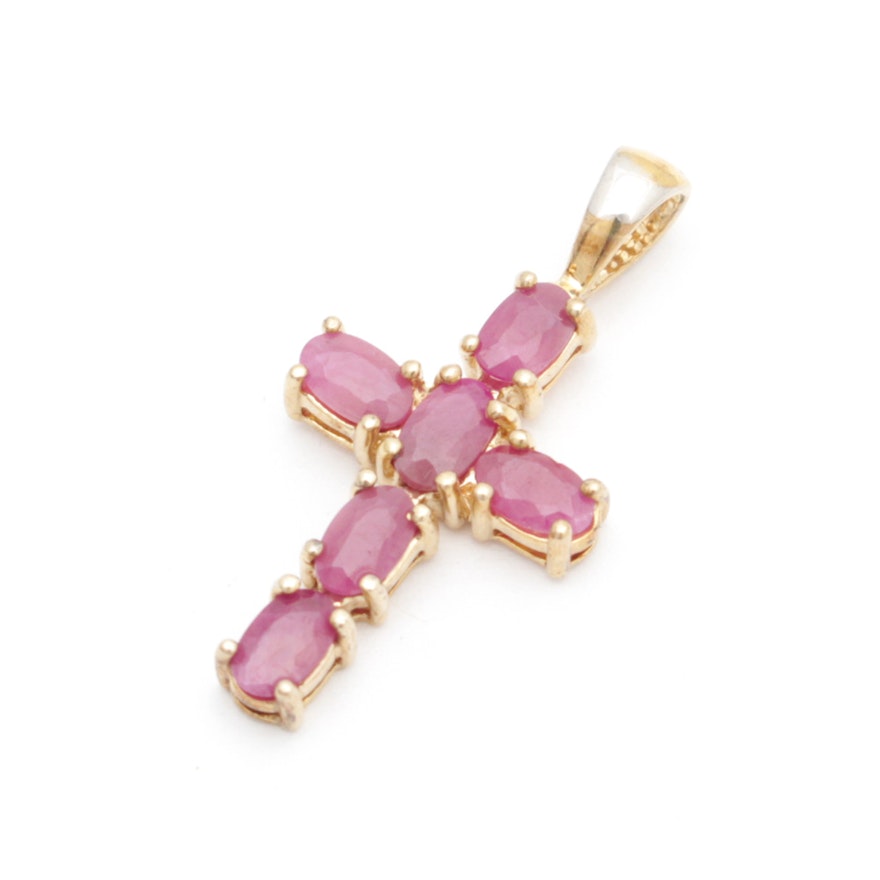 Gold Wash on Sterling Silver and Ruby Cross Pendant