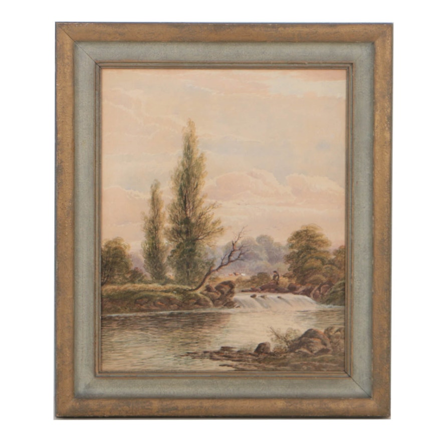 William H. Vernon Watercolor Painting on Paper Fishing Scene