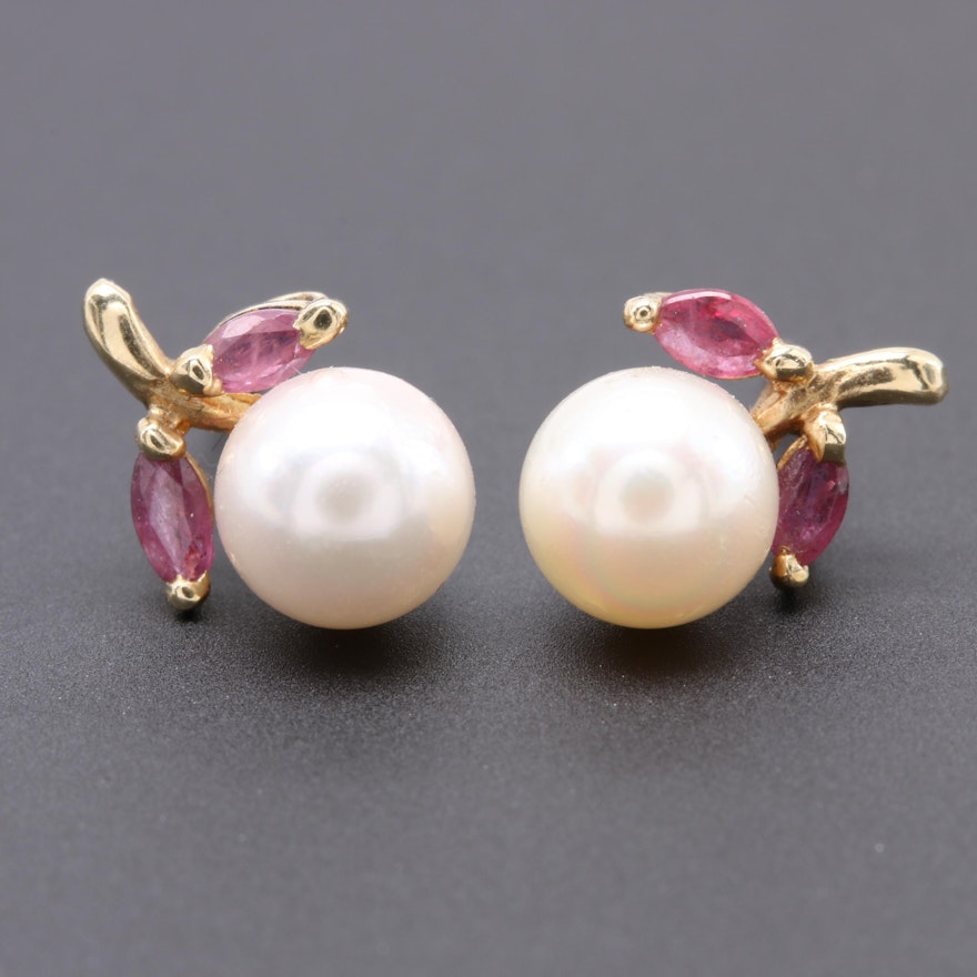 14K Yellow Gold Cultured Pearl and Ruby Earrings