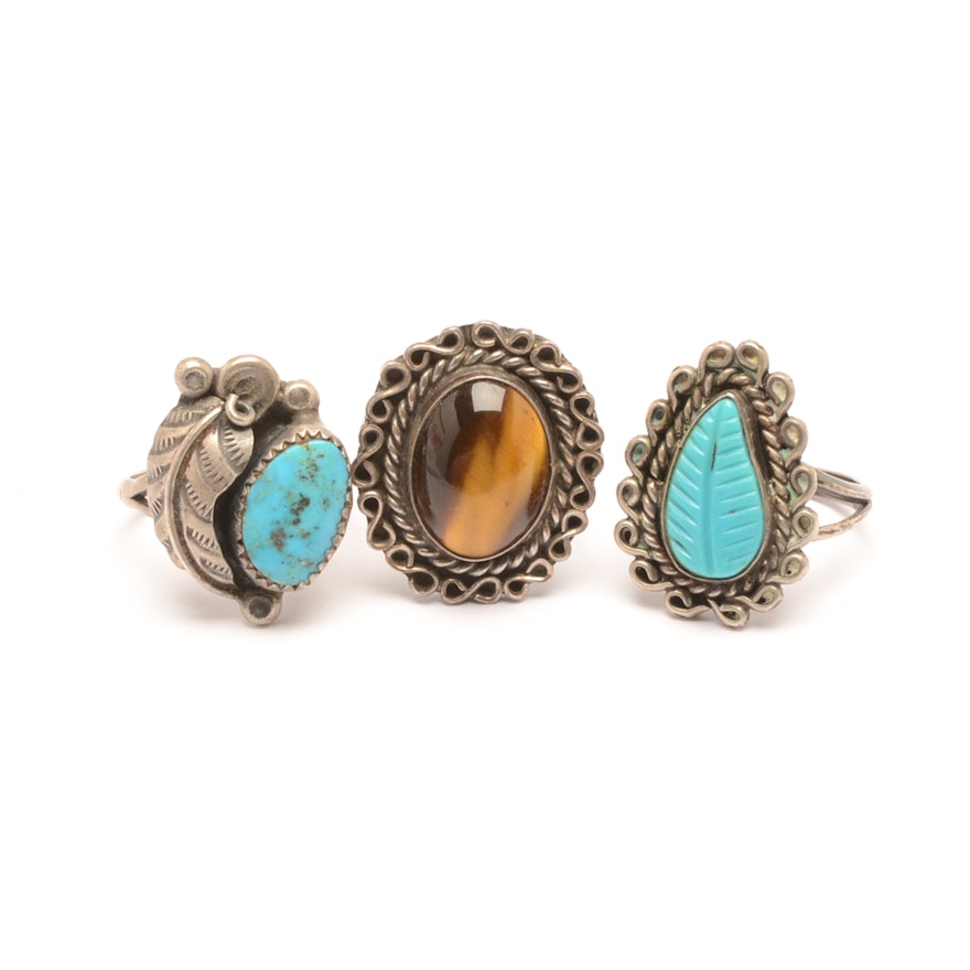 Assorted Sterling Silver and Base Metal Turquoise and Tiger's Eye Rings