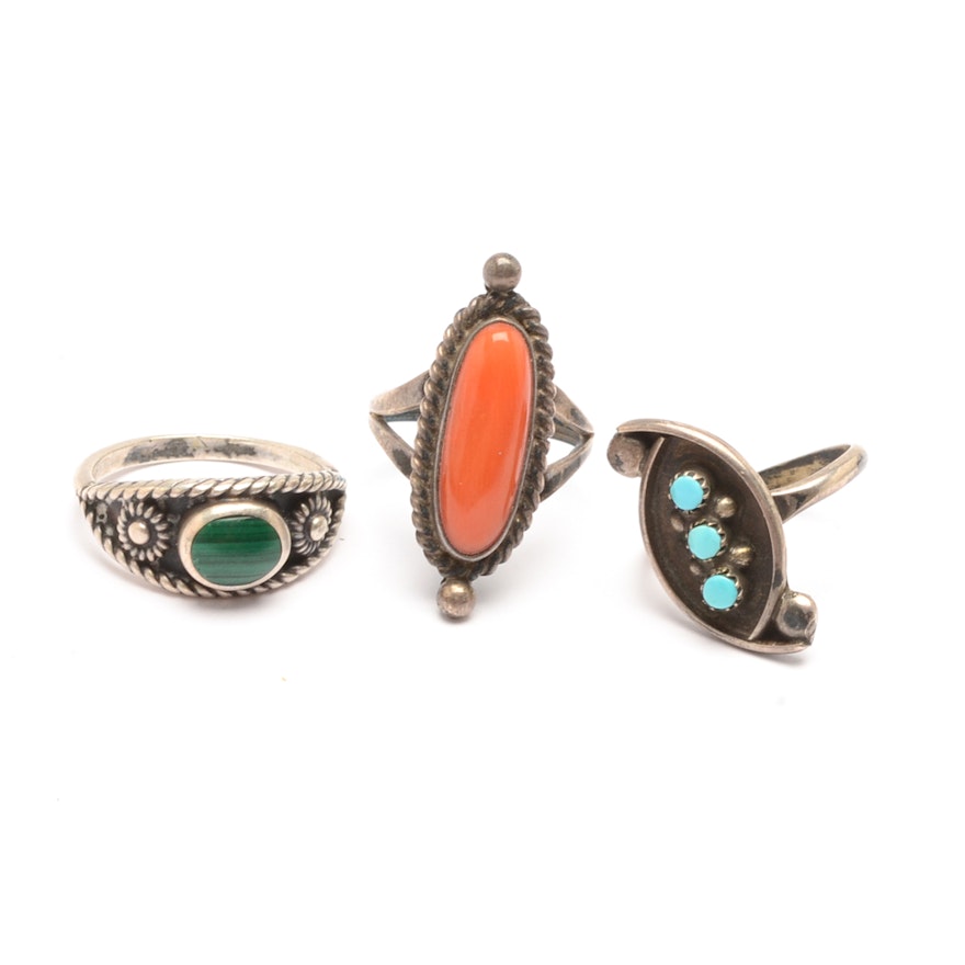 Sterling Silver Turquoise, Coral and Malachite Rings