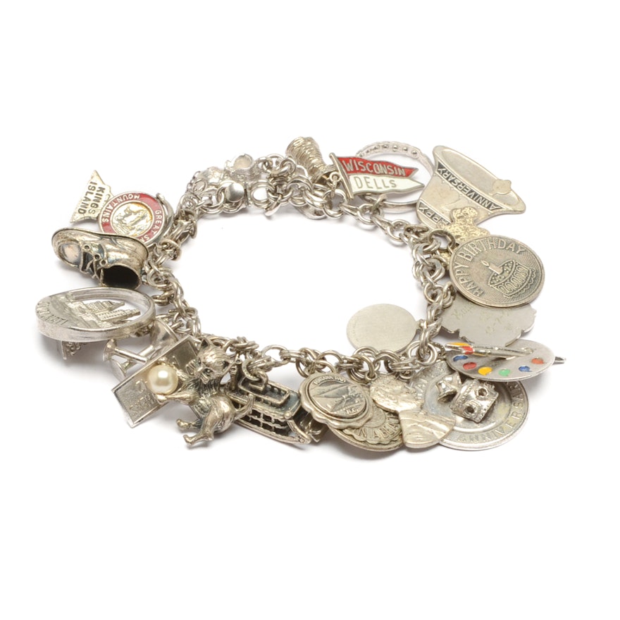 Elco Sterling Silver Travel and Hobby Charm Bracelet