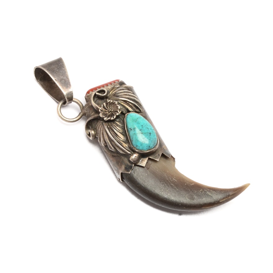 Sterling Silver Black Bear Claw, Turquoise and Coral Pendant