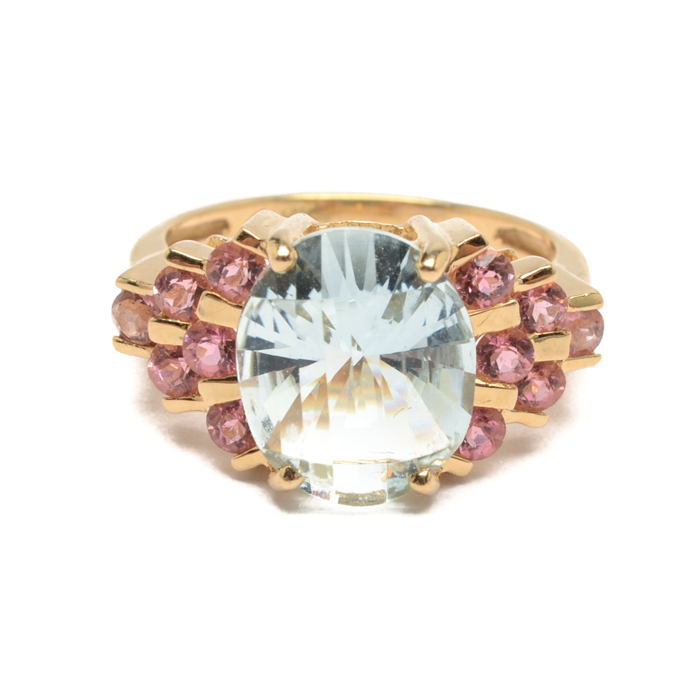 14K Yellow Gold Aquamarine and Pink Tourmaline Ring
