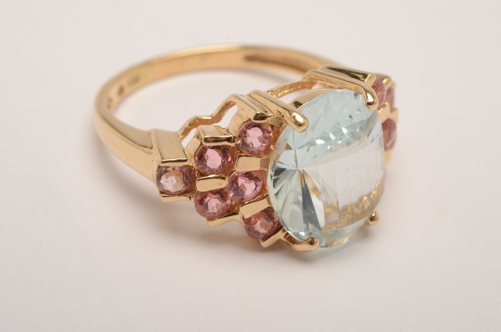 14K Yellow Gold Aquamarine and Pink Tourmaline Ring