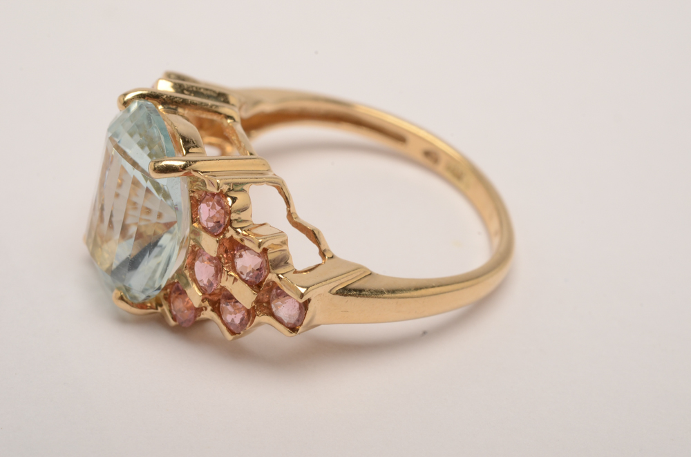 14K Yellow Gold Aquamarine and Pink Tourmaline Ring