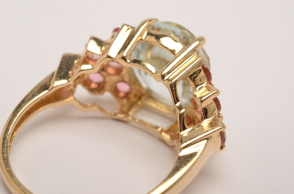 14K Yellow Gold Aquamarine and Pink Tourmaline Ring