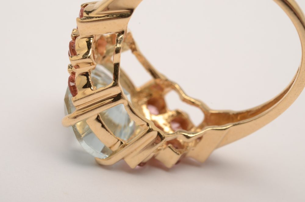 14K Yellow Gold Aquamarine and Pink Tourmaline Ring