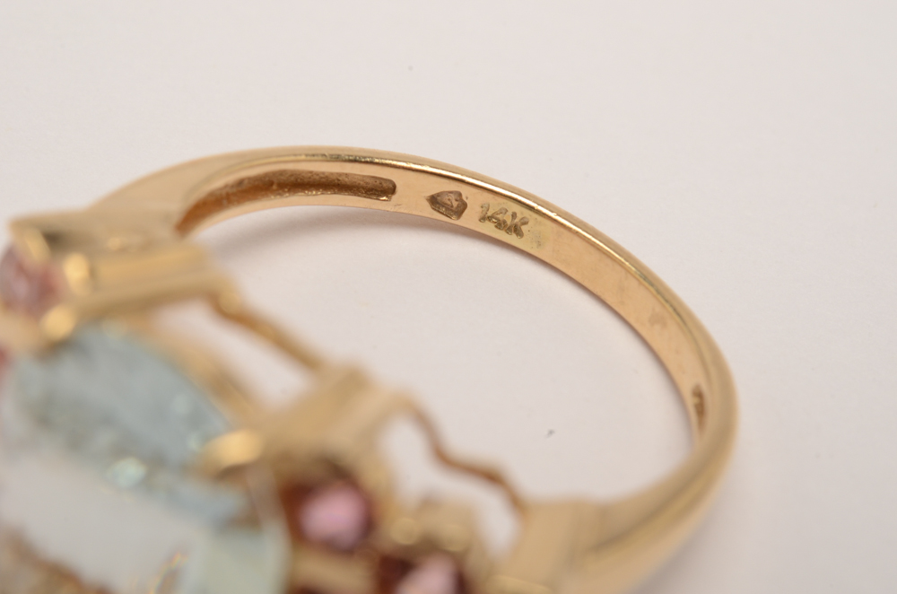 14K Yellow Gold Aquamarine and Pink Tourmaline Ring