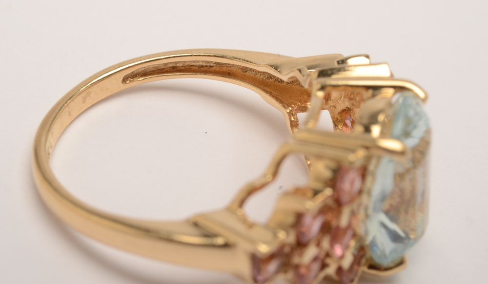 14K Yellow Gold Aquamarine and Pink Tourmaline Ring