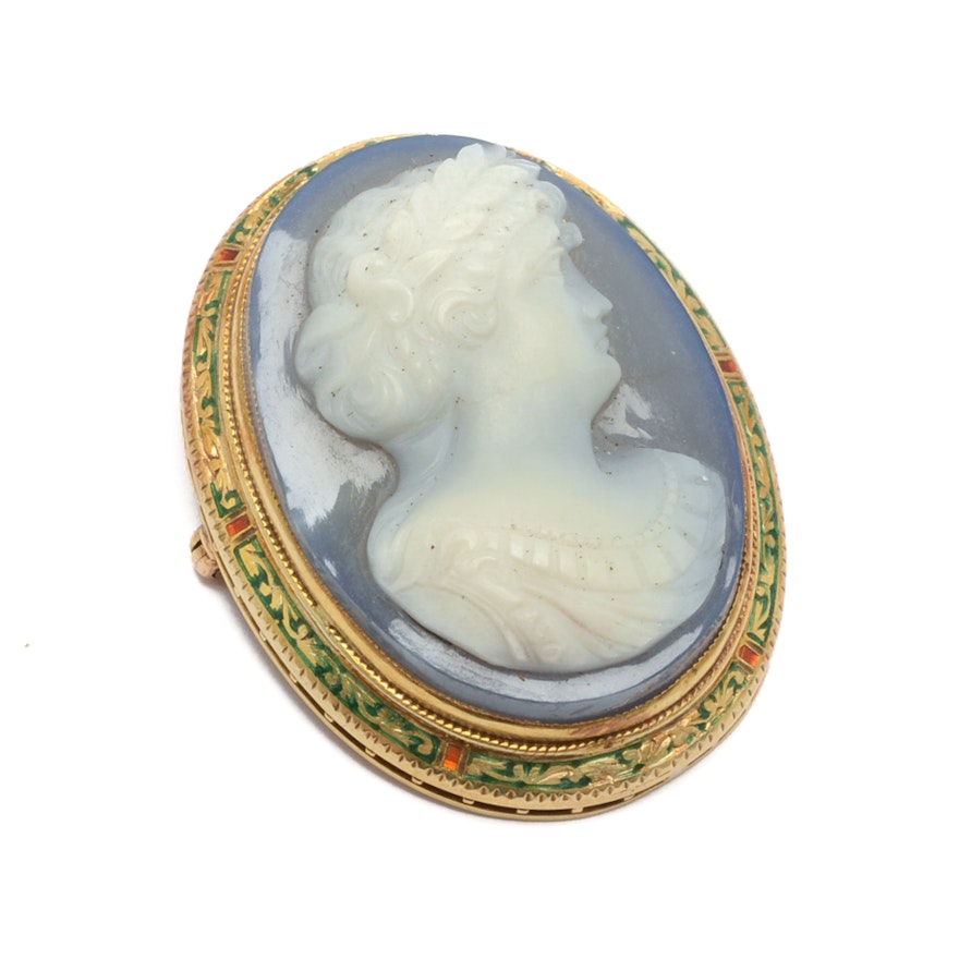 14K Yellow Gold Agate Cameo Brooch