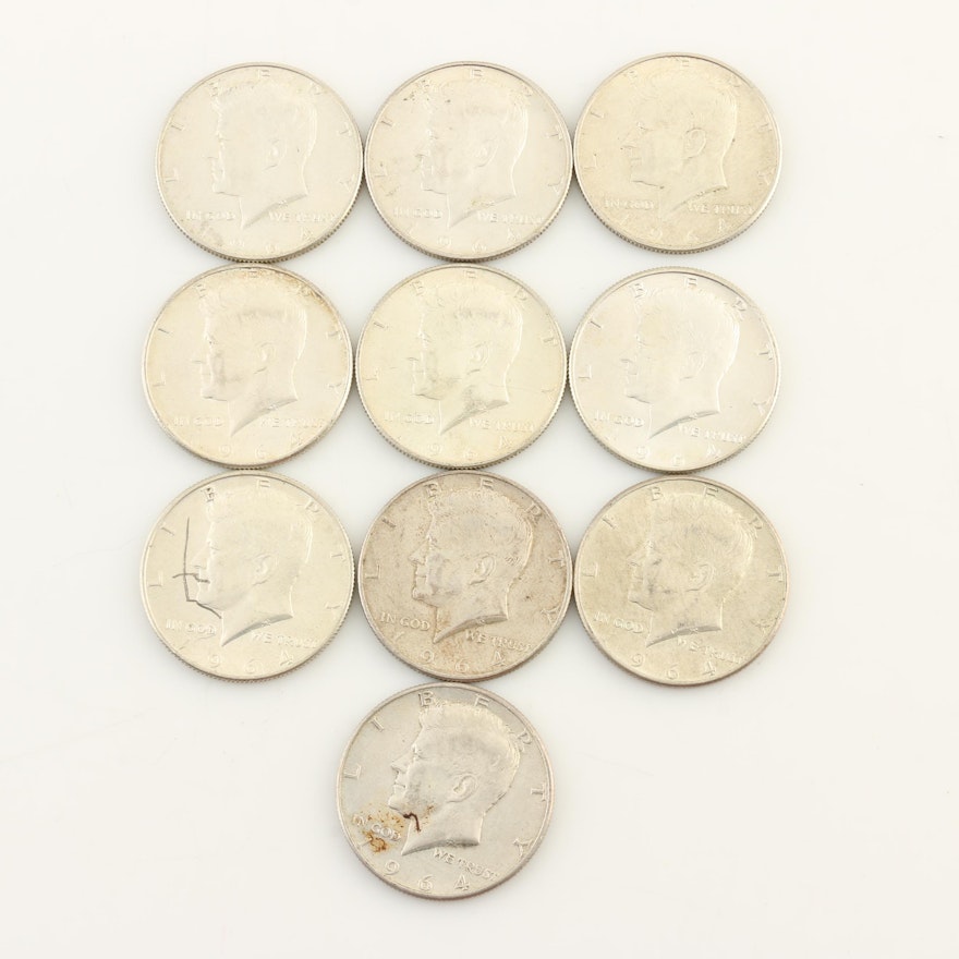 Group of Ten 1964 JFK Silver Half Dollars