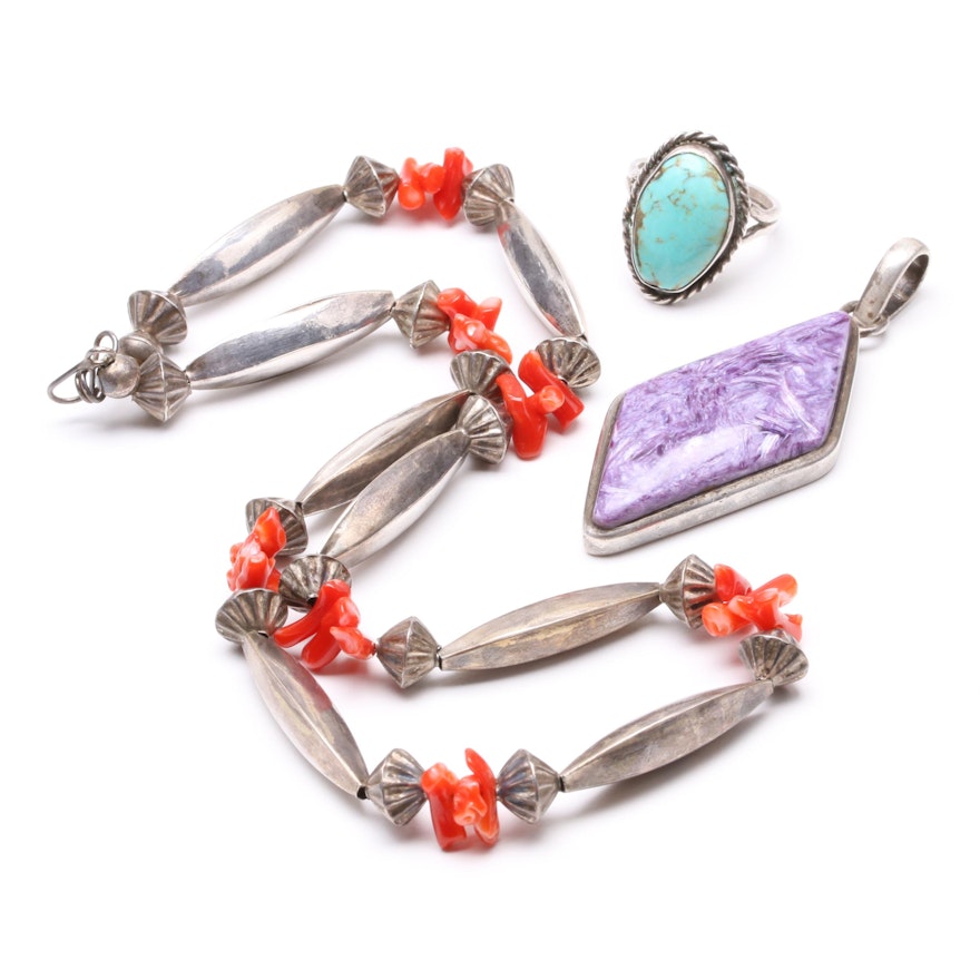 Southwestern Style Sterling Silver Jewelry Including Turquoise and Coral