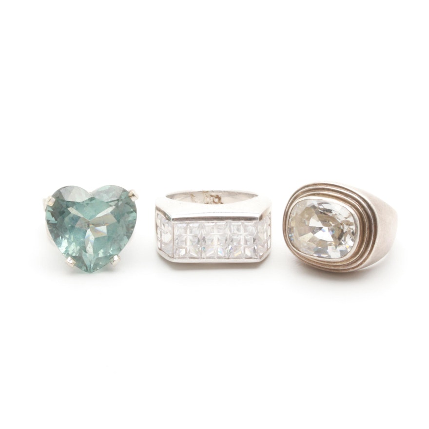 Sterling Silver Ring Selection Including Blue Topaz and Cubic Zirconia