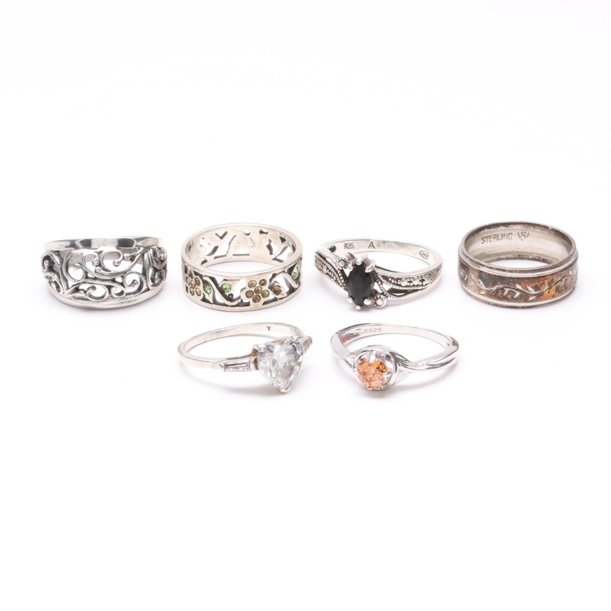 Sterling Silver Ring Collection Including Glass and Cubic Zirconia