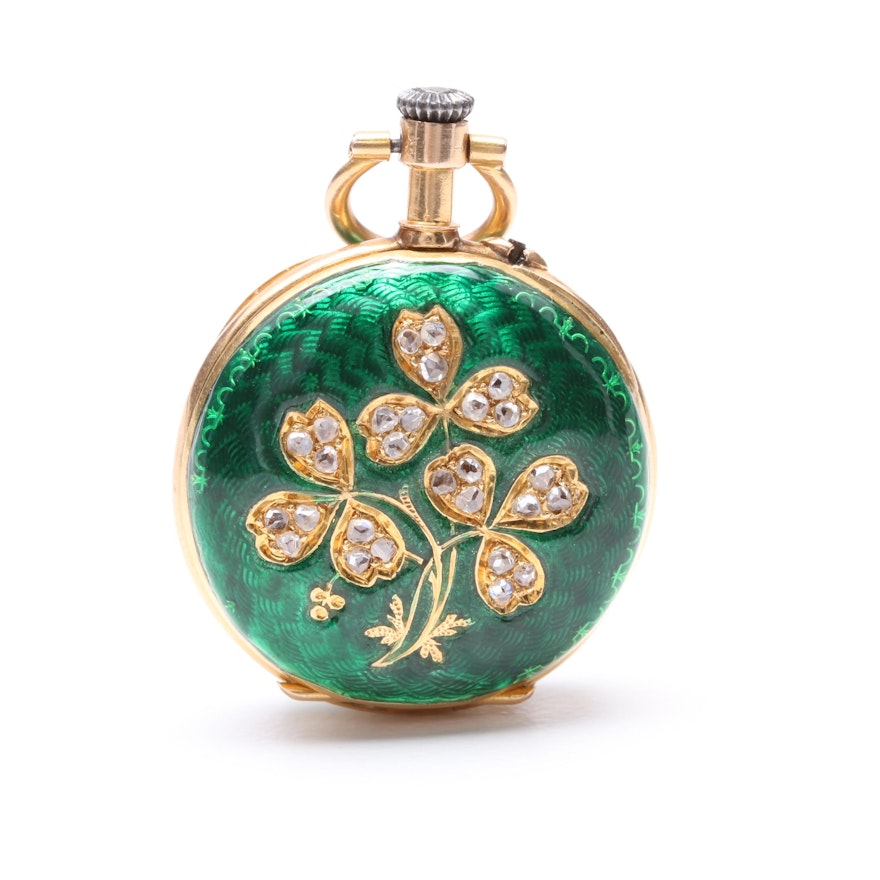 18K Yellow Gold Diamond and Enamel Pocket Watch