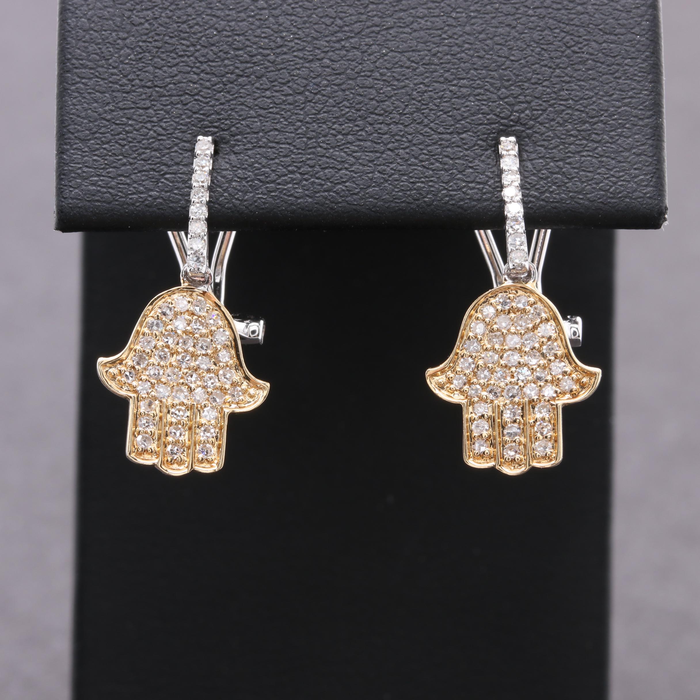 14K Yellow and White Gold Diamond Hamsa Dangle Earrings