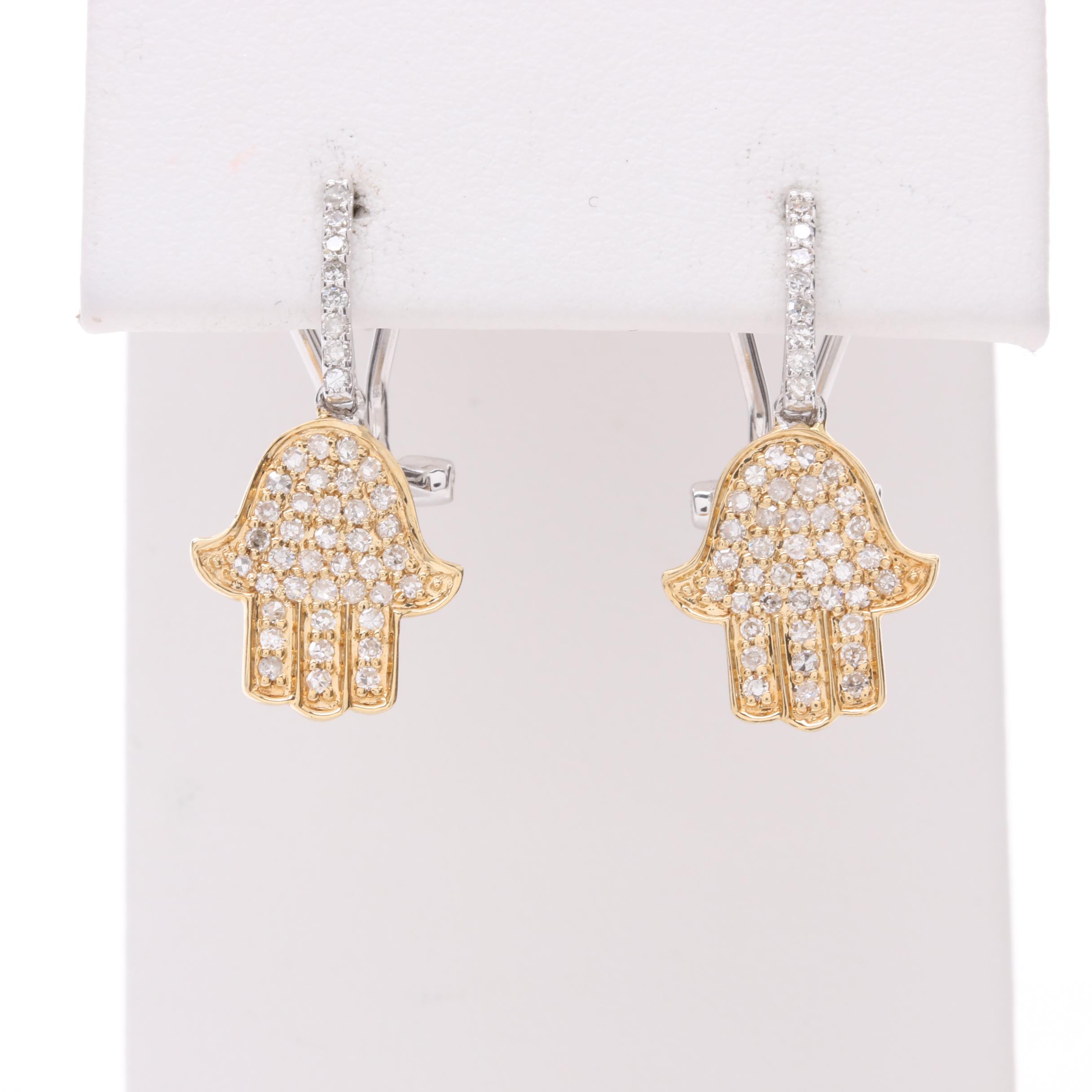 14K Yellow and White Gold Diamond Hamsa Dangle Earrings