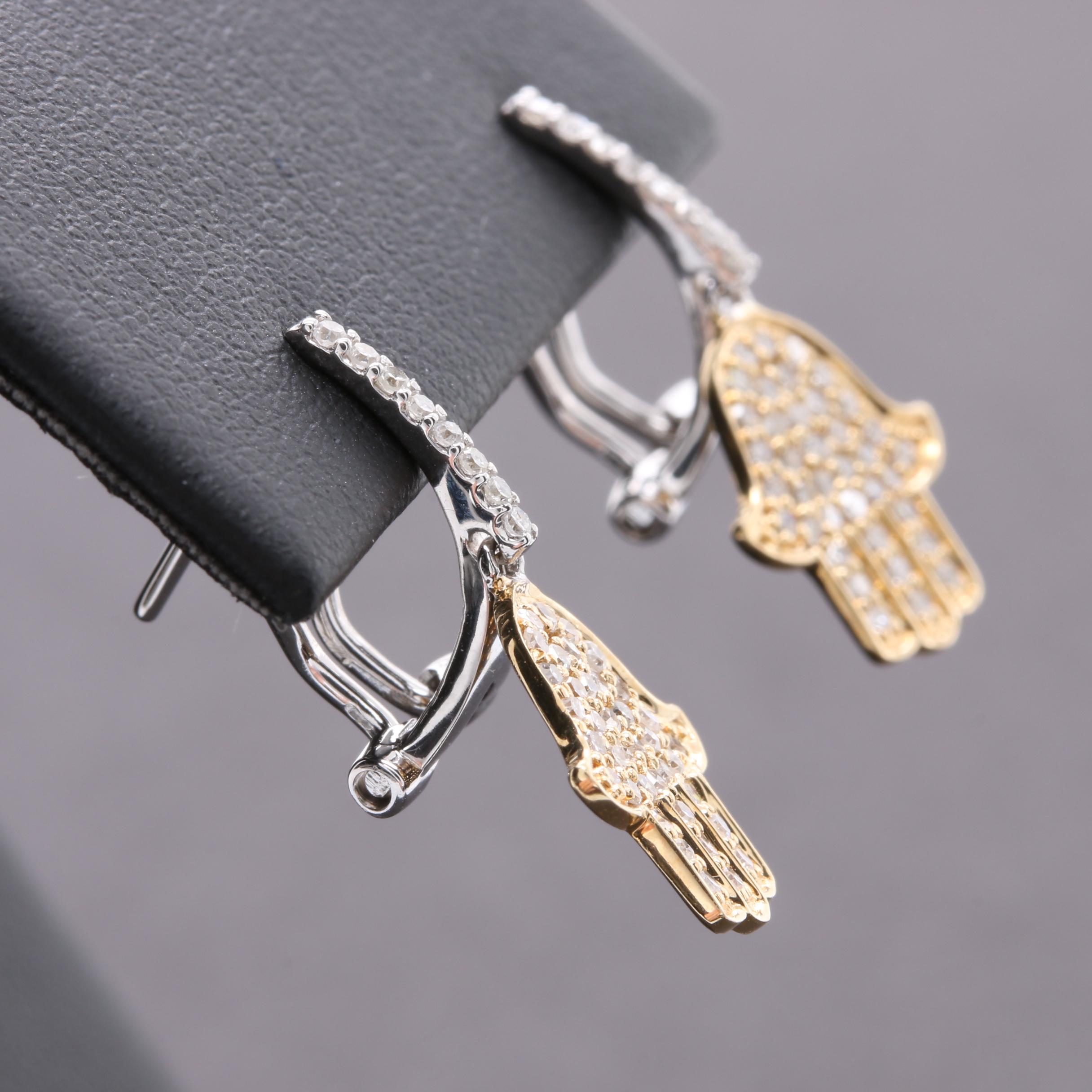 14K Yellow and White Gold Diamond Hamsa Dangle Earrings