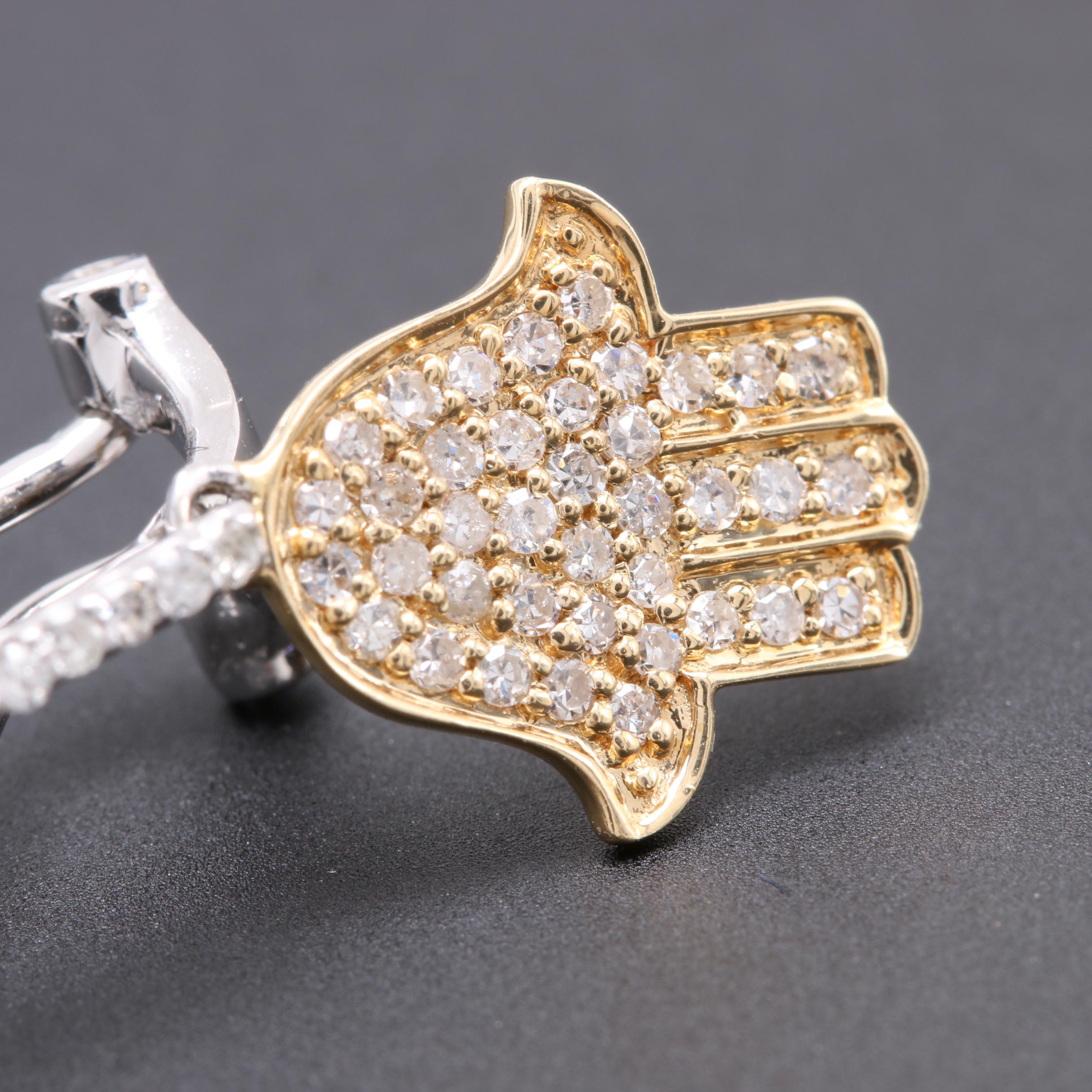 14K Yellow and White Gold Diamond Hamsa Dangle Earrings