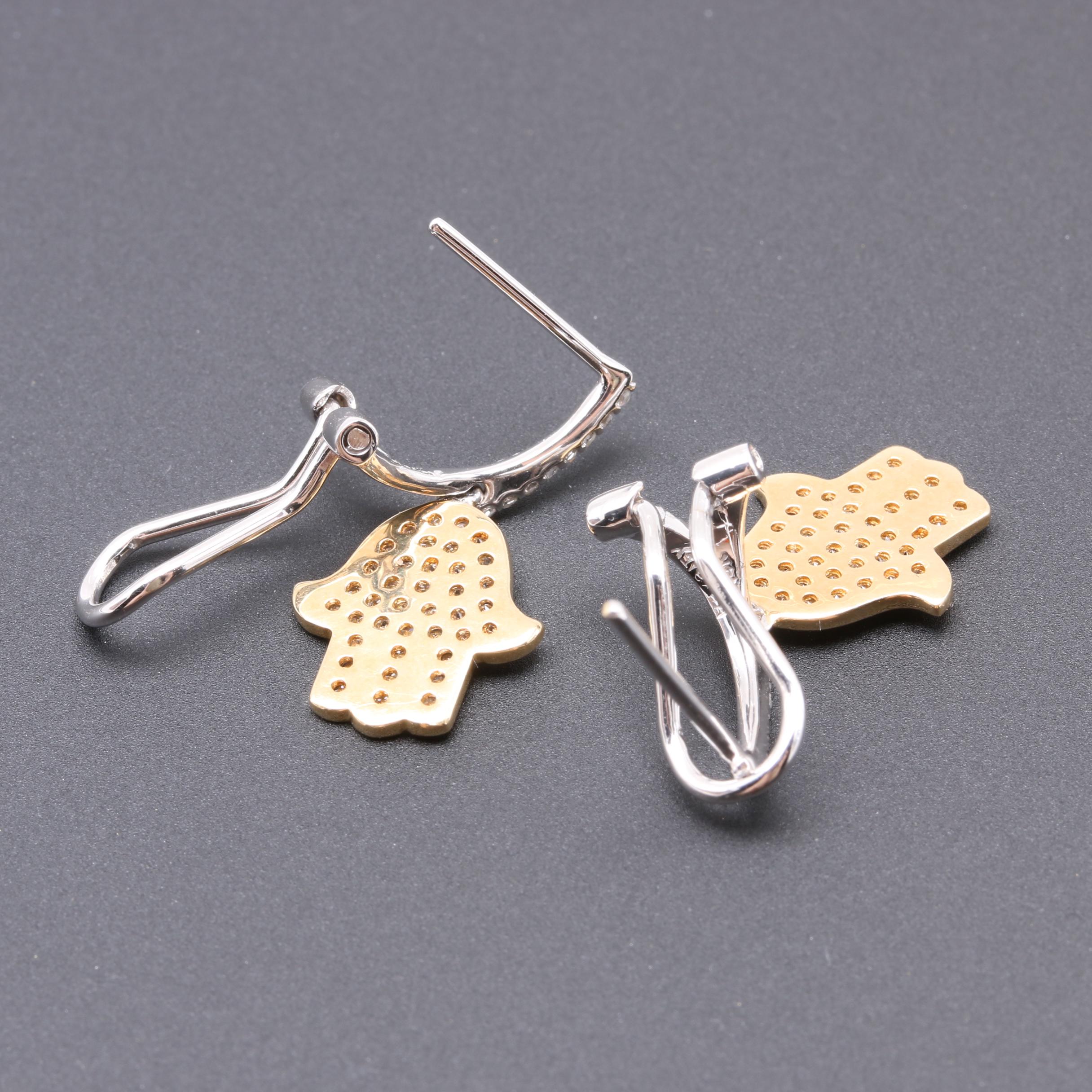 14K Yellow and White Gold Diamond Hamsa Dangle Earrings