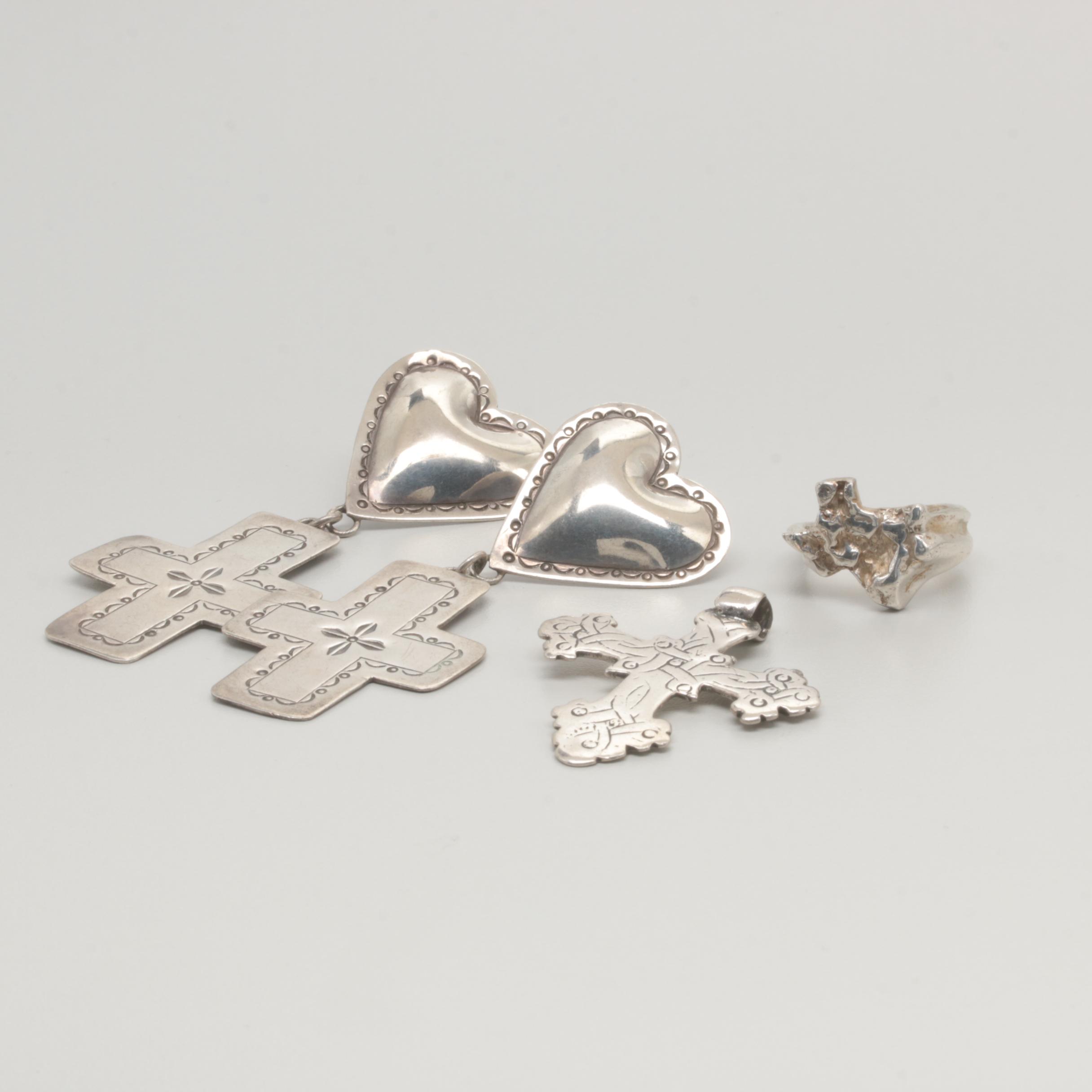 Sterling Silver Jewelry Selection Including Heart and Cross Motifs