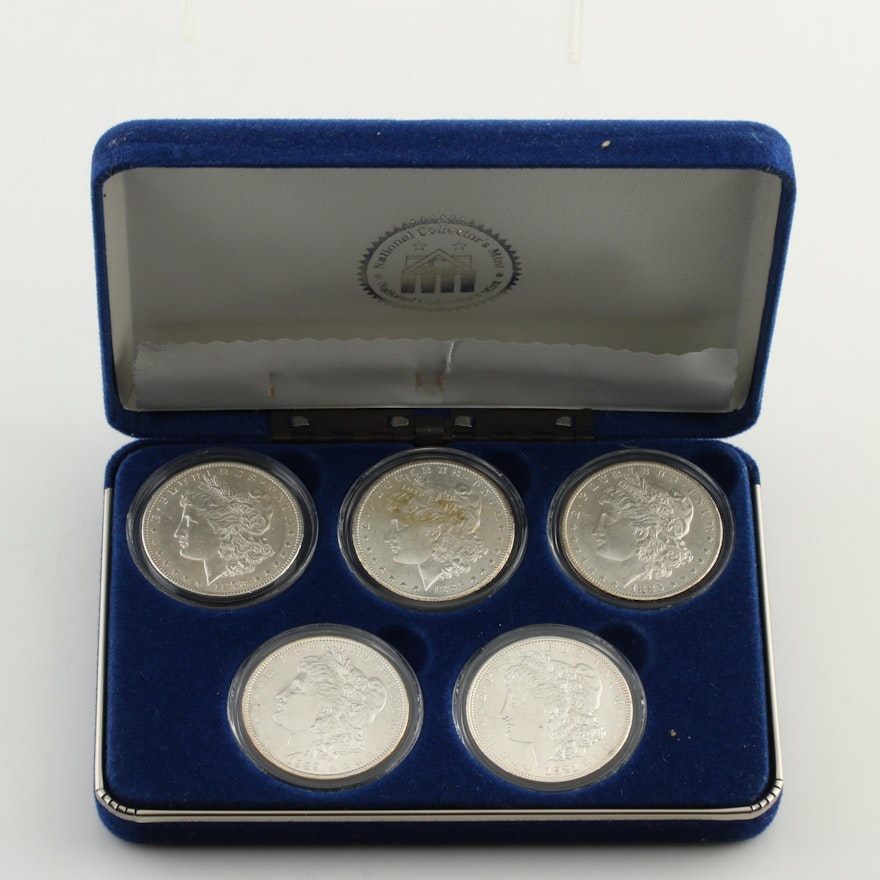 Group of Five Silver Morgan Dollars: 1878-S, 1884-CC, 1885-O, 1889, and 1921-D