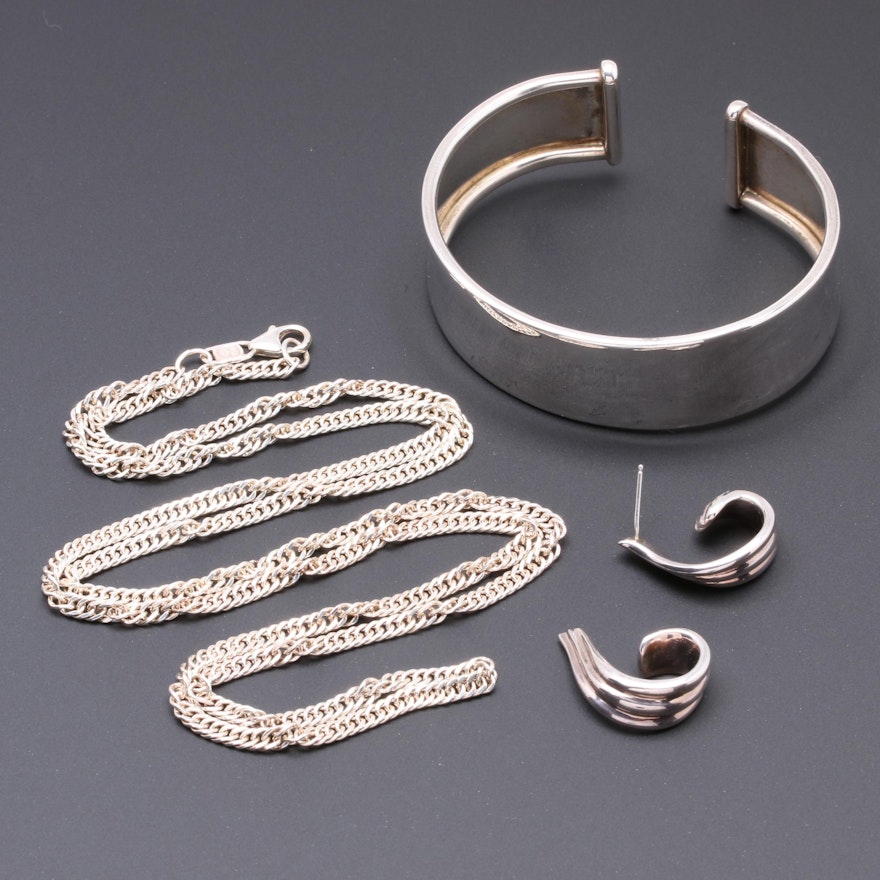 Fine Silver Earrings, Chain Necklace and Cuff Bracelet