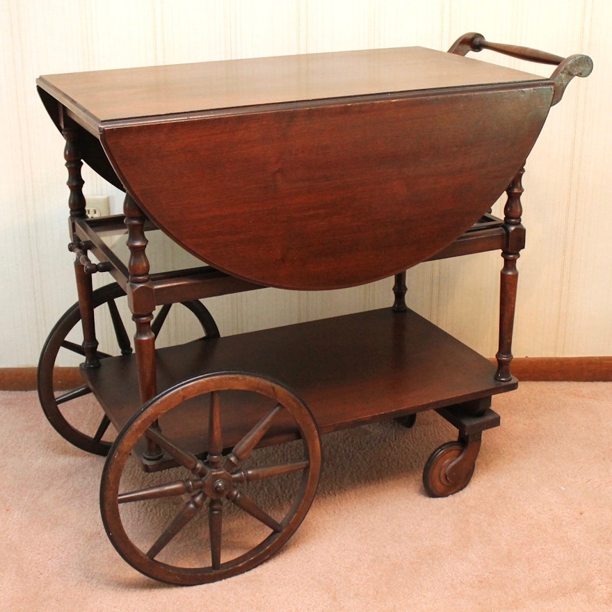 Vintage Mahogany Veneer Tea Cart with Glass Serving Tray