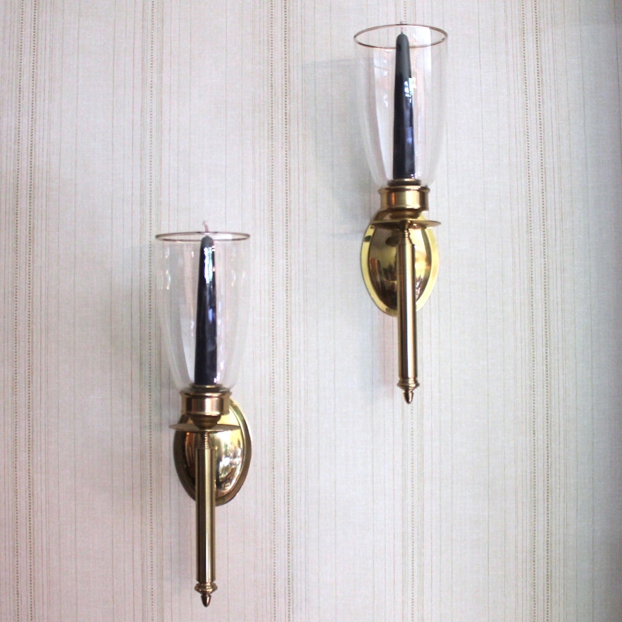 Vintage Brass Wall Candle Sconces with Glass Hurricanes