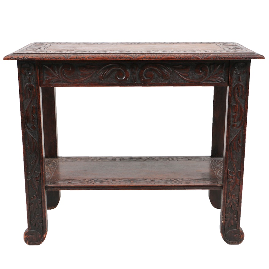 Antique Jacobean Style Carved Oak Console Table with Drawer